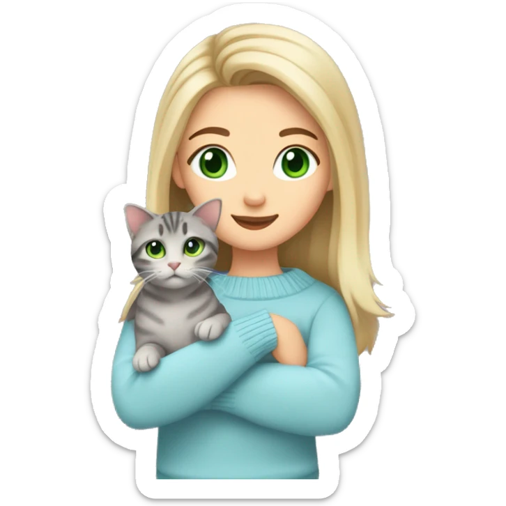 Blond chin lenght hair girl with middle part and green eyes in a light blue sweater holding a grey tabby cat with white paws and face sticker