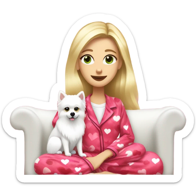 Woman, long length blonder hair, give her pretty green colored eyes, wearing red and pink hearts design on pajamas, lounging on a cozy couch with white fluffy pomeranian dog sticker