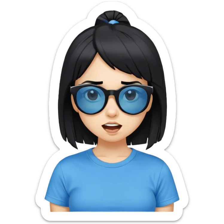 A girl with black bob hair with pony, wearing black sunglasses，funny(0.5) face (0.5)，wacky expression, a blue t-shirt. pony sticker