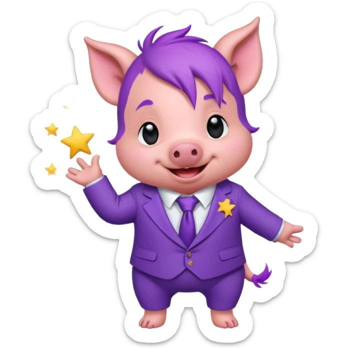 Sticker, a small cute funny purple piglet with purple hair, wearing a purple suit decorated with stars, ((cheerful, laugh)), surrounded by white outline, on transparent background sticker