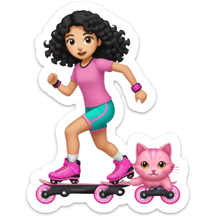 A Mexican girl with curly black long hair running from a pink cat on rollerblades sticker