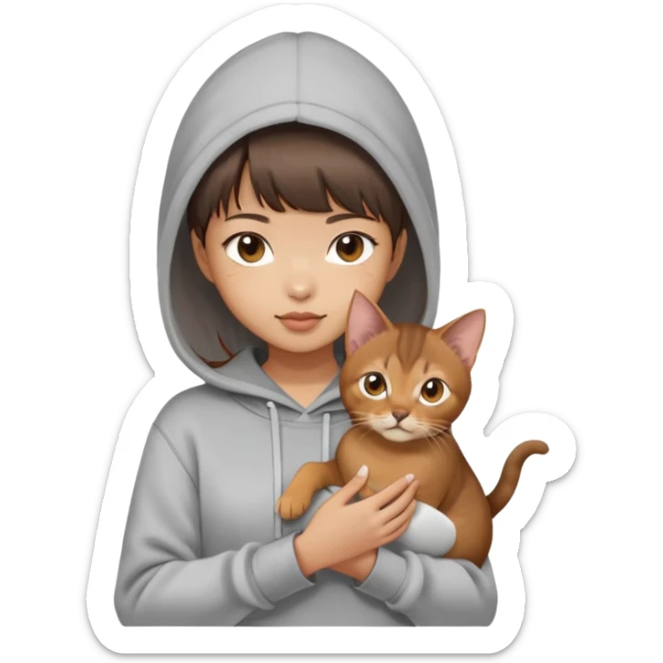 a asian girl with short brown hair and bangs holding an Abyssinian cat， wearing grey hoodie sticker