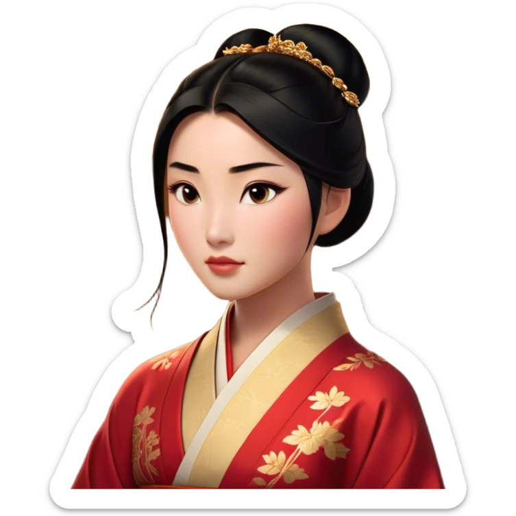 Cinematic Realistic Noble Mulan Portrait, depicted with lifelike, warm light-toned skin that reveals subtle texture and natural shadows. Her sleek black hair is intricately styled into a traditional bun with every strand rendered in exquisite detail, and her almond-shaped eyes, full of quiet resolve, are softly illuminated. She wears a meticulously detailed traditional robe with delicate red and gold accents, its rich fabric textures and gentle folds catching the light beautifully. The portrait radiates a natural, enchanting glow, capturing Mulan’s inner strength and timeless grace in a realistically painterly style. sticker