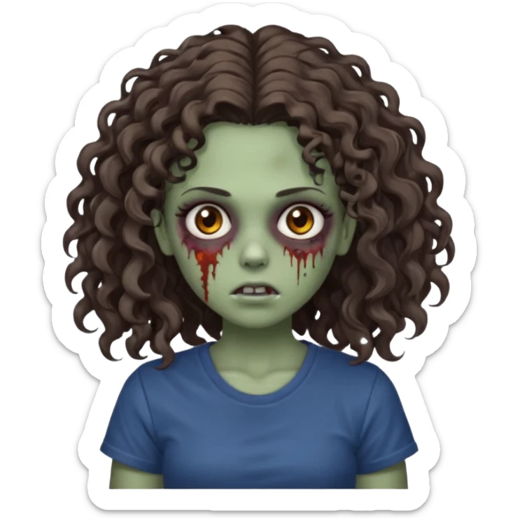 zombie girl with curly hair n brown eyes, dark and long hair 3a with wavy scalp, just a tshirt sticker