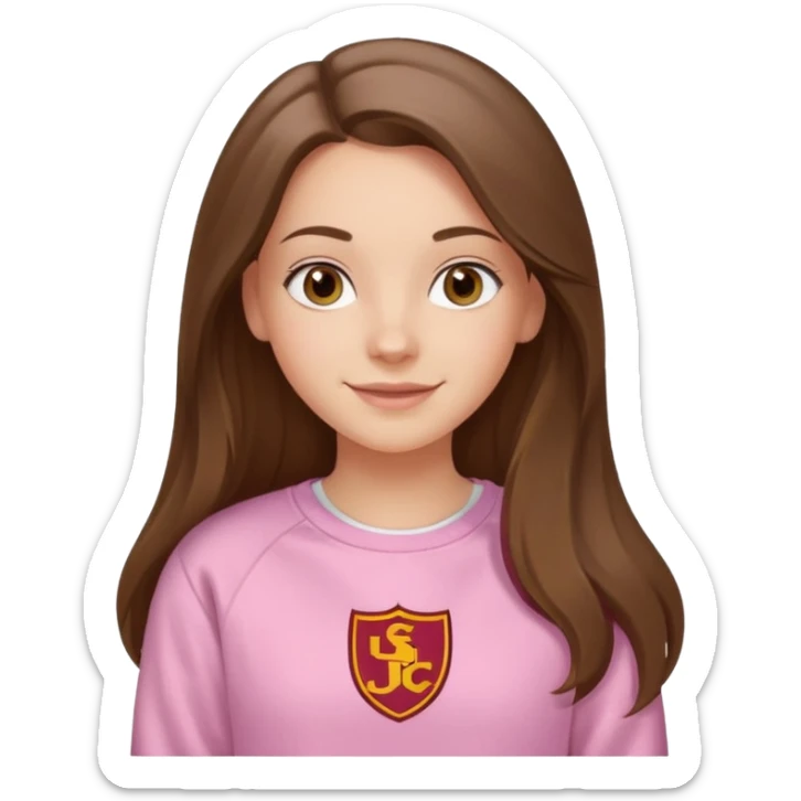 happy white long brunette hair girl with hazel eyes and in light pink sweatshirt with USC in white sticker