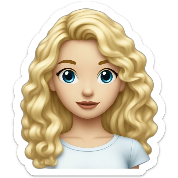Fille blonde ,cheveux bouclé détaché long jusque au millieu du dos etvolumineux,teint blanc , yeux bleu sticker