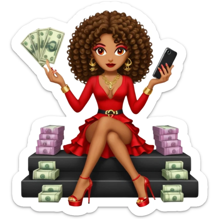 seductress evil brown curly haired sexy drug lord woman with clear glittery platform heels on her feet and devil red horns on her head, holding a stack of cash, has a phone in other hand sticker