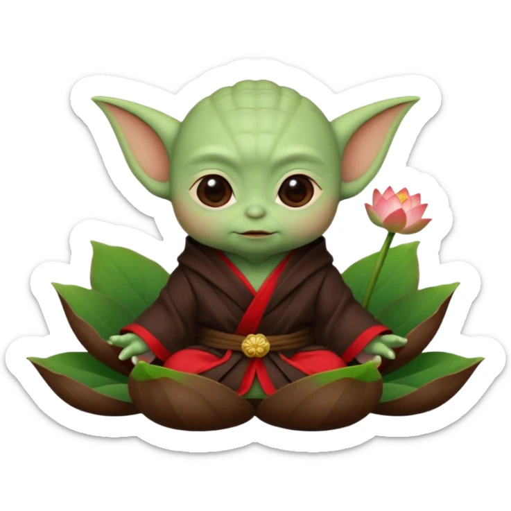 Baby Yoda con su tunica chocolate oscuro sentado dentro de una flor de loto estilo chino algunos contrastes en rojo sticker