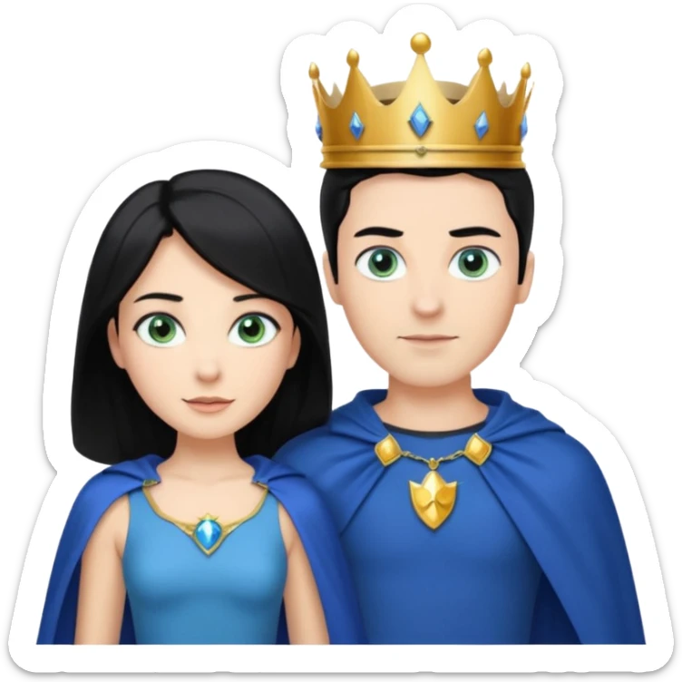 Prince with crown, blue cape and trousers, body and legs, black hair, blue eyes, woman blonde hair, green eyes, sexy white short sleveless dress,  sticker