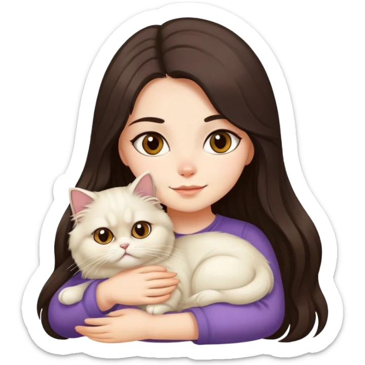 A pretty girl with long dark hair is hugging her light hair persian cat. sticker
