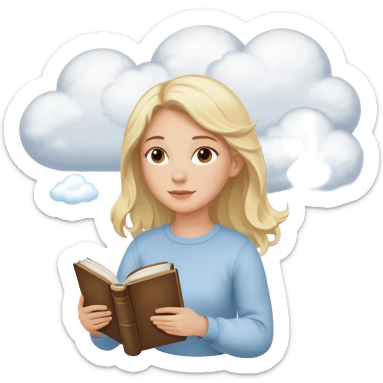 Dreamy, kind, empathetic — like they’re not fully grounded. woman flying in the clouds with a book sticker