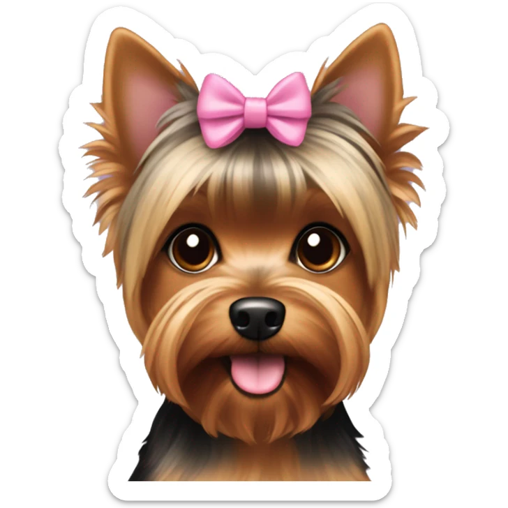 Yorkie Dog with Brown and black fur and brown eyes with short hair and a pink bow in her hair sticker