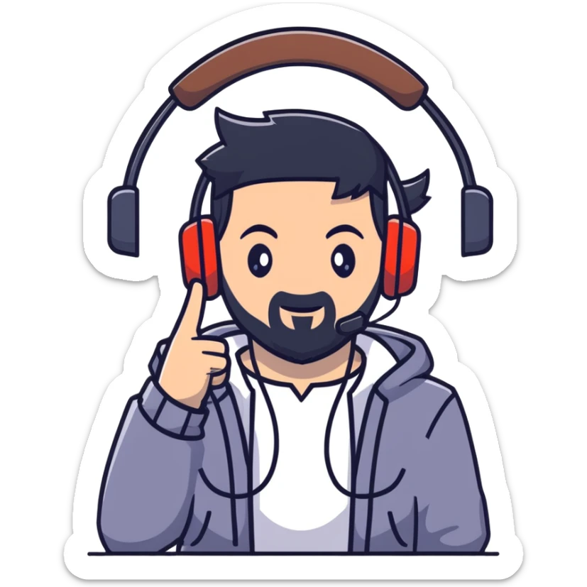 Anime style man with black hair, brown eyes, and black beard wearing gaming headset and making a bravo gesture, anime character design sticker