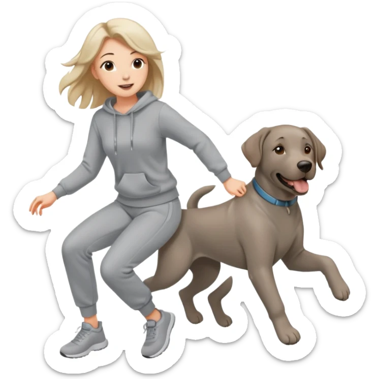A beautiful girl with fair skin wearing a sweatshirt and sweatpants chasing a Labrador sticker