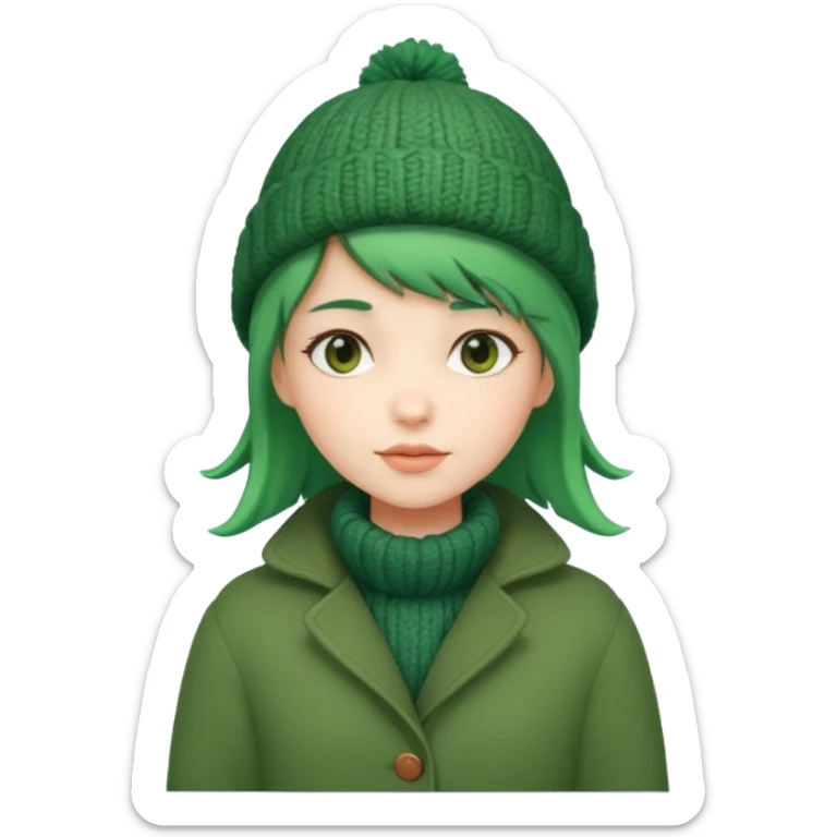 Girl with green hair wearing winter coat and a woolen hat with a relaxed posture and friendly face sticker