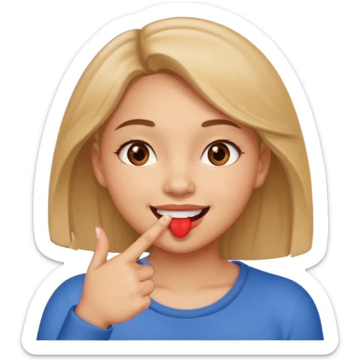 Emoji de una chica con el dedo en la esquina de la boca sonriendo de forma coqueta   sticker