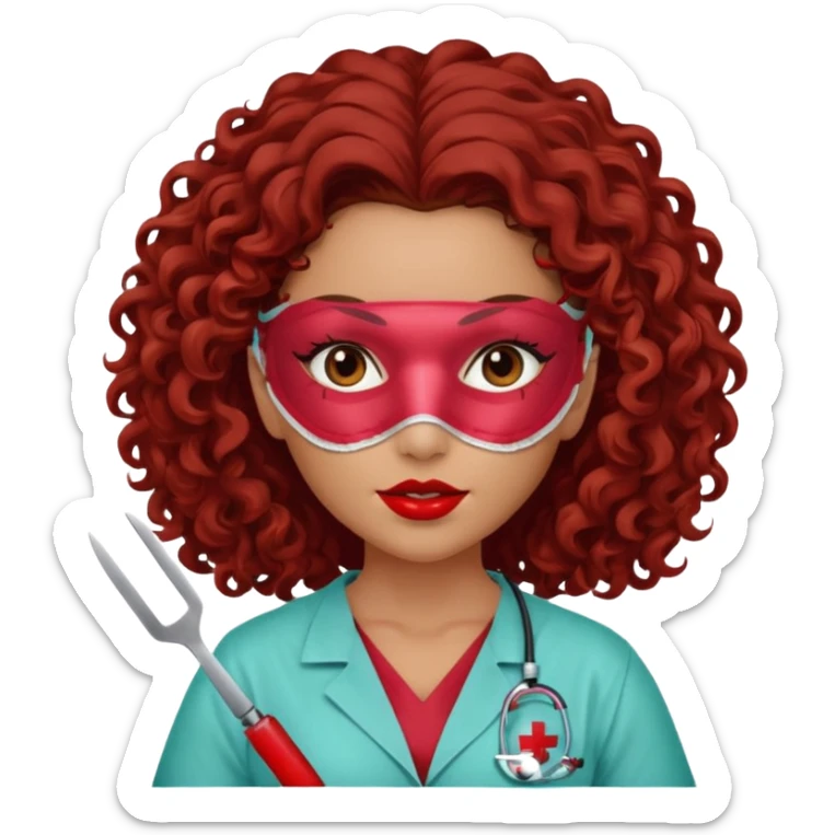 Lilith symbol seductress evil surgeon. curly, long hair. brown hair. Red surgical mask and hair covering. She works for cartel and kills  with a scalpel. sticker