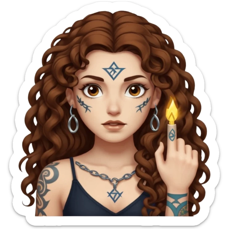 woman with long curly brown hair, brown eyes, white skin, tattoos, raising one eyebrow as a rune lights up “obvious” sticker