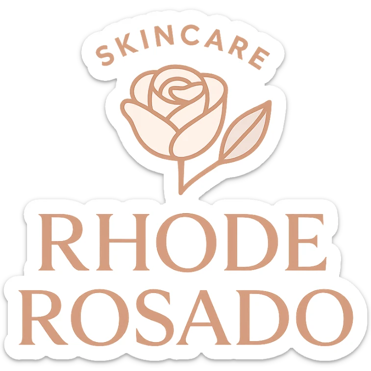 logo for SKINCARE ROSADO RHODE, luxury skincare, rose gold and blush pink, sophisticated, simple icon, modern typography sticker