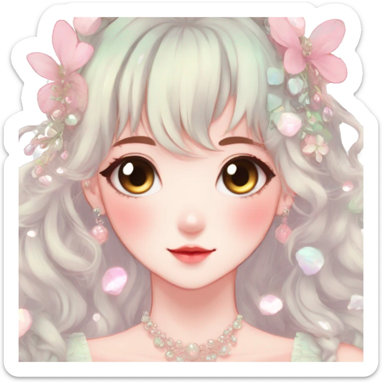 Gorgeous anime style lady with blushing face and accessories cottagecore fairycore Kawaii anime colorful pearly romantic aesthetic trending style sticker