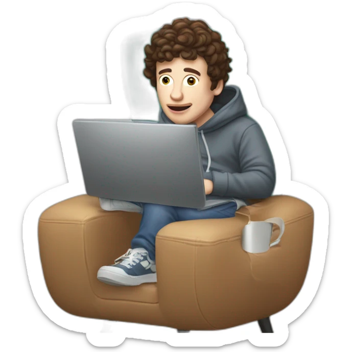 Bighead josh brener from silicon valley in hoodie sittin on a computer chair holding a big gulp sticker