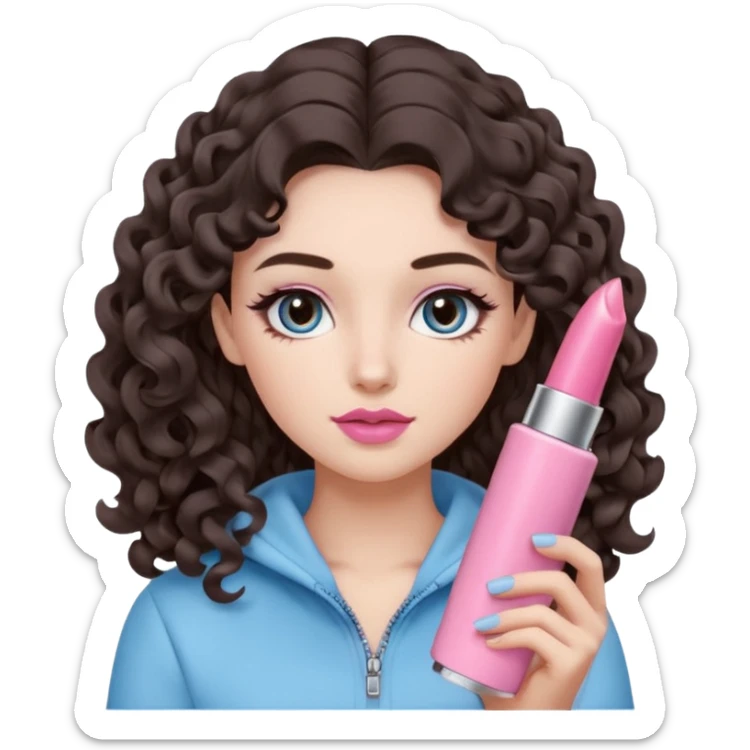 A girl with long dark brown hair styled in loose 36mm curls, round-almond Douyin-style eyes with long curled lashes, cool-tone neutral makeup. She’s wearing a light-blue athletic outfit and holding a normal-size pink lipstick (not oversized) in one hand. sticker