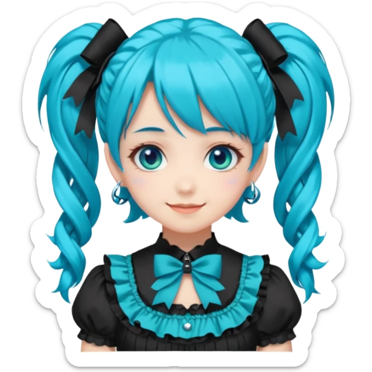 anime-style female character with bright turquoise hair styled in twin tails and matching blue eyes. Her outfit is a frilly turquoise and black dress in a Lolita-esque style, heavily contrasted with black ribbons and trim. A key detail is the "AWP" logo in black on the chest. VERY happy variant sticker