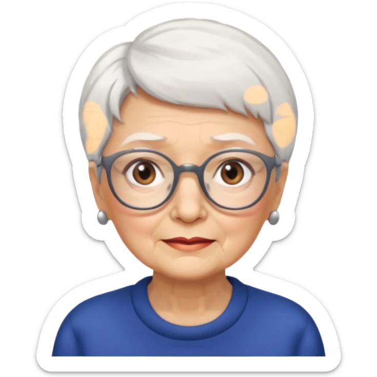 Create me emoji of an old lady. Short white hair to left side. Square glasses. Brown eyes. Rounded bigger face sticker