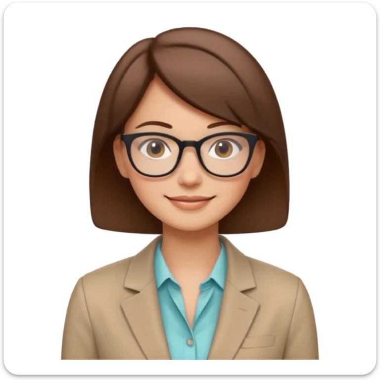 minimal emoji-style avatar of a smiling woman with glasses and short brown hair, dressed in a blazer, friendly, soft colors, subtle expression, plain or lightly colored background, inspired by modern vector illustrations for startups sticker