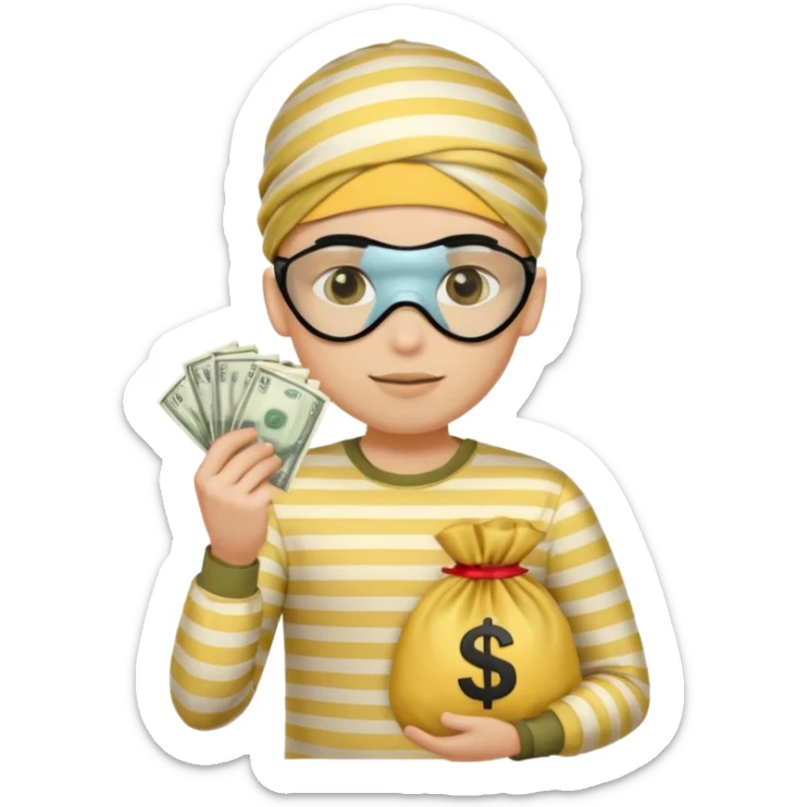 Yellow male with striped shirt holding a money bag with eye mask sticker