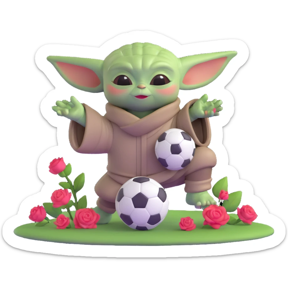 baby yoda kicking a soccer ball with small roses beside him sticker