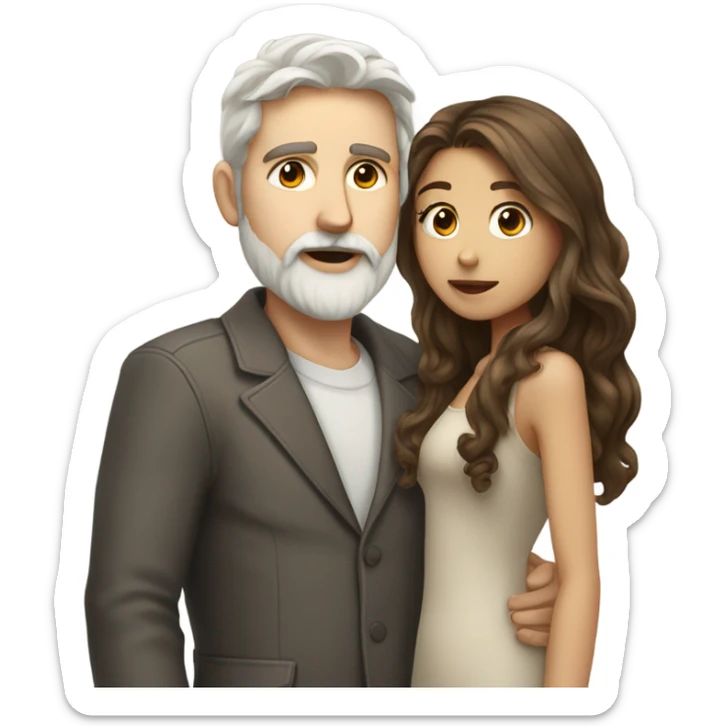 Girl with long dark brown wavy hair kissing tall white boy with light brown hair and light brown and grey beard sticker