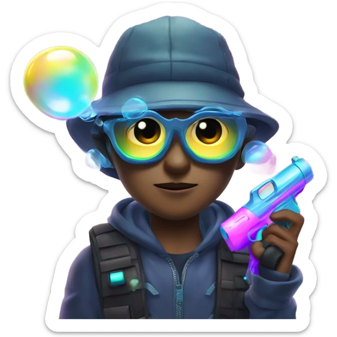 Caucasian boy in glowing rave gear with mask and hat and shooting a bubble gun sticker
