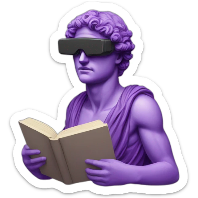 an EMOJI OF A ancient young greek statue reading a book, wearing VR glasses, purple colors, DIGITAL UNIVERSE sticker
