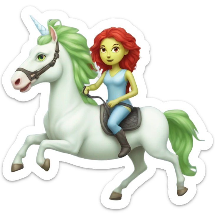 [politically incorrect
	{ woman: alien, color: light green, hair:red, eyes:cat} ]
	on a 
	[{ unicorn: white, legged:four, mane: light blue }] sticker