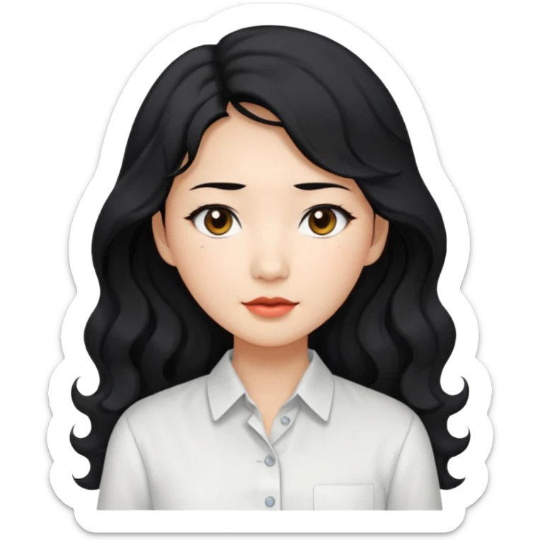 Asian woman, black hair, long permed wavy hair, white button-up shirt, flat colors, transparent background. sticker