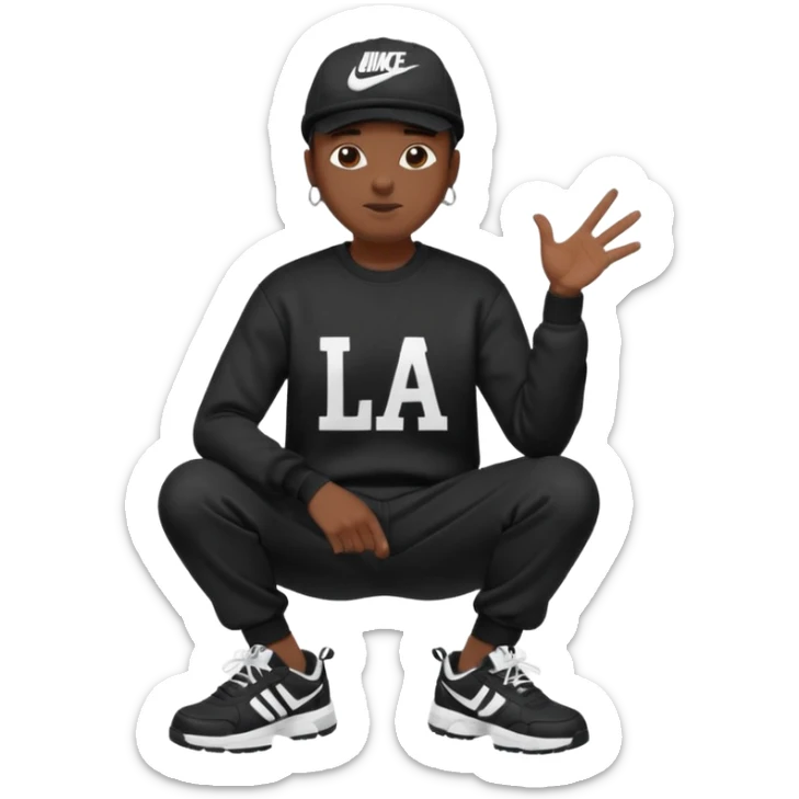Crea Un Emoji De Cuerpo Completo Que Sea Hombre Con Corte Alucin Que Tenga Gorra Nike, Suéter Negro Que Tenga La Letras LA El La Parte Del Corazón, Zapatos Adidas Con Una Palomita✅, Pantalón Ancho O Bellaco Con Unos Diseños De Palomas Blancas Y Asiendo Una Pose Con Su Mano Que Sea Está 🤙🏽. sticker