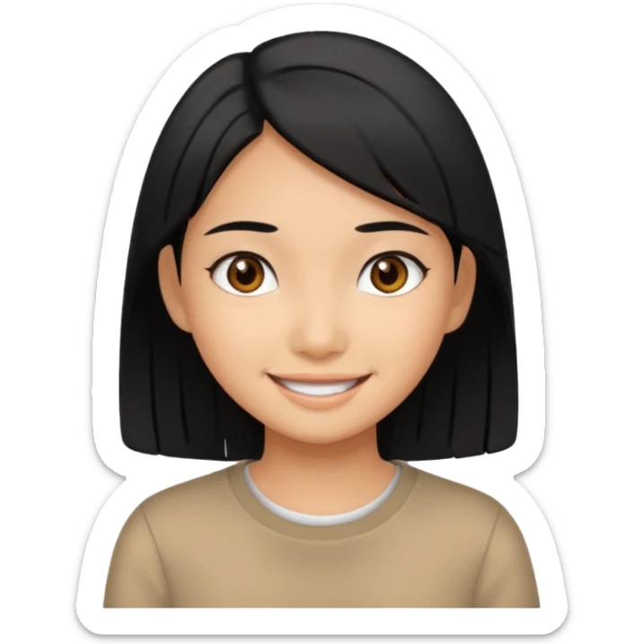 very tan Asian girl with black hair and dark brown eyes, smiling sticker