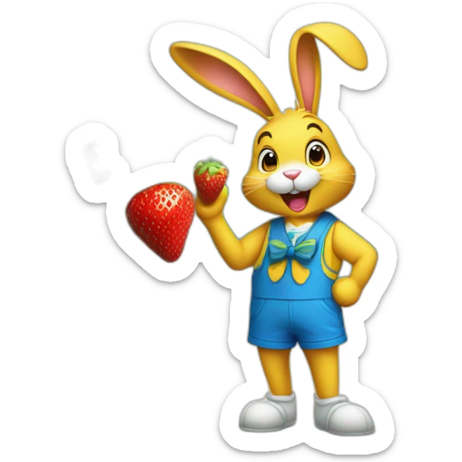 a happy bunny in yellow shorts and a blue vest with a blue bow around his neck sniffs strawberries sticker