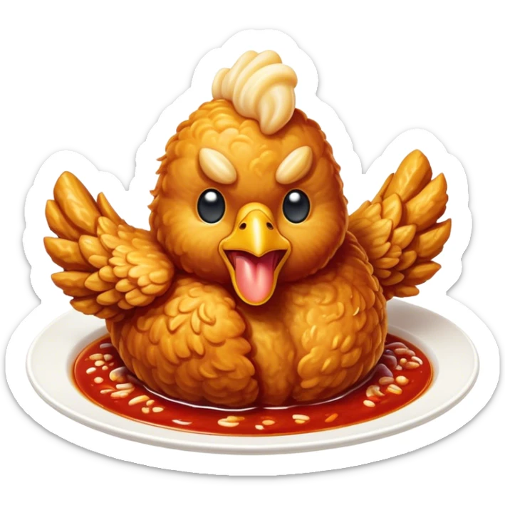 Cinematic Realistic Korean Fried Chicken Dish Emoji, depicted as crispy, golden-fried chicken glazed in a tangy sauce rendered with detailed textures and vibrant, dynamic lighting. sticker
