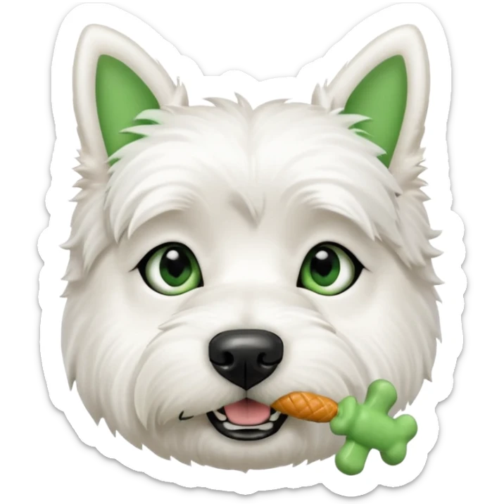 a west highland terrier dog with a green bone treat in its mouth  sticker