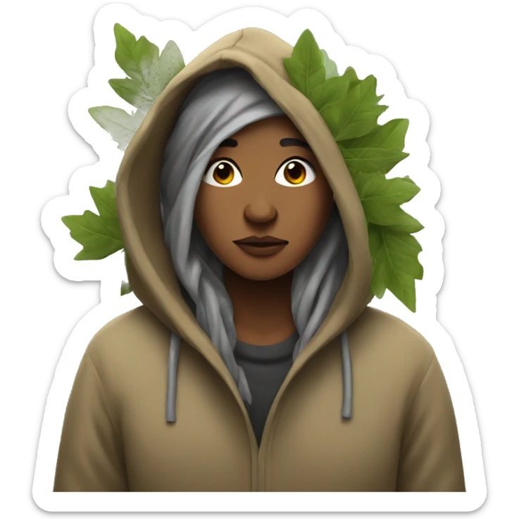 homeless woman in a hoodie with leaves and branches in her hair
 sticker