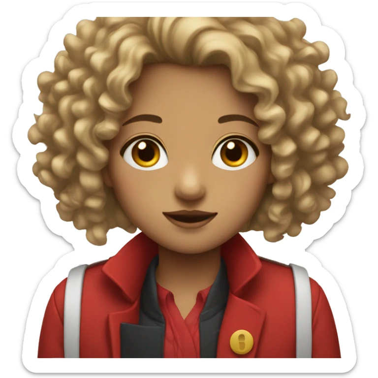 A girl with a red coat and a white shirt under and curly hair sticker