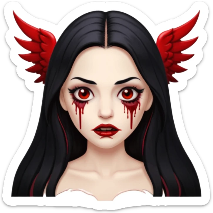 White woman with a white tank top long black hair glossy middle part long hair vamp look with fangs or blood dripping lips mouth closed brown eyes eyeliner winged with lashes top and bottom sticker