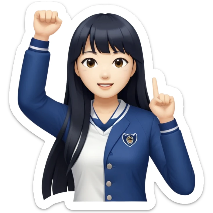 East Asian woman with long black straight hair and bangs wearing navy and white Doosan Bears team colors, cheering sticker