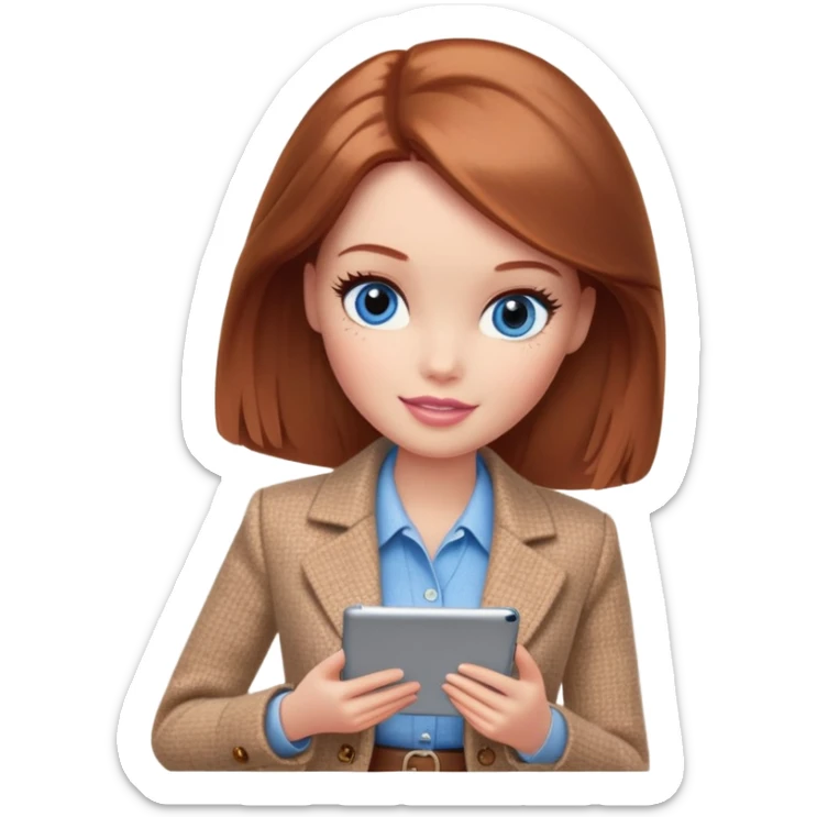 A Barbie girl with blue eyes, shoulder-length reddish-brown hair, made-up, wearing a beige tweed jacket and a beige skirt,  with a iPad sticker