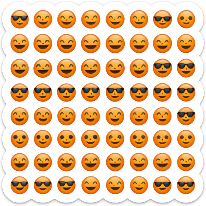 Minimalist flat emoji icon set, bright vivid orange symbols (#FF6200 or #FF8C00) on pure black background (#000000), sharp clean edges, no gradients, no shadows, high contrast, simple geometric shapes, modern UI icon style like Telegram stickers or Discord emojis sticker