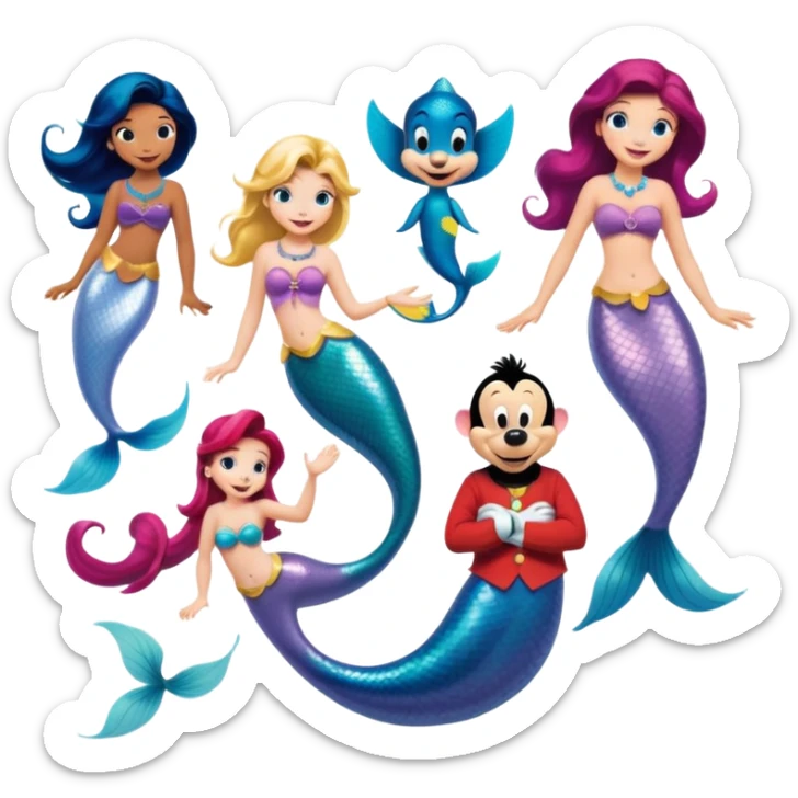 Colorful icon for Animated Movies: mermaid costume and could A vibrant collage featuring iconic characters like Goofy, Mickey Mouse, Franco, Masha and the Bear and Luntik. Each character should be large and bright, set against a cheerful and playful background of Disneyland. Transparent background. sticker