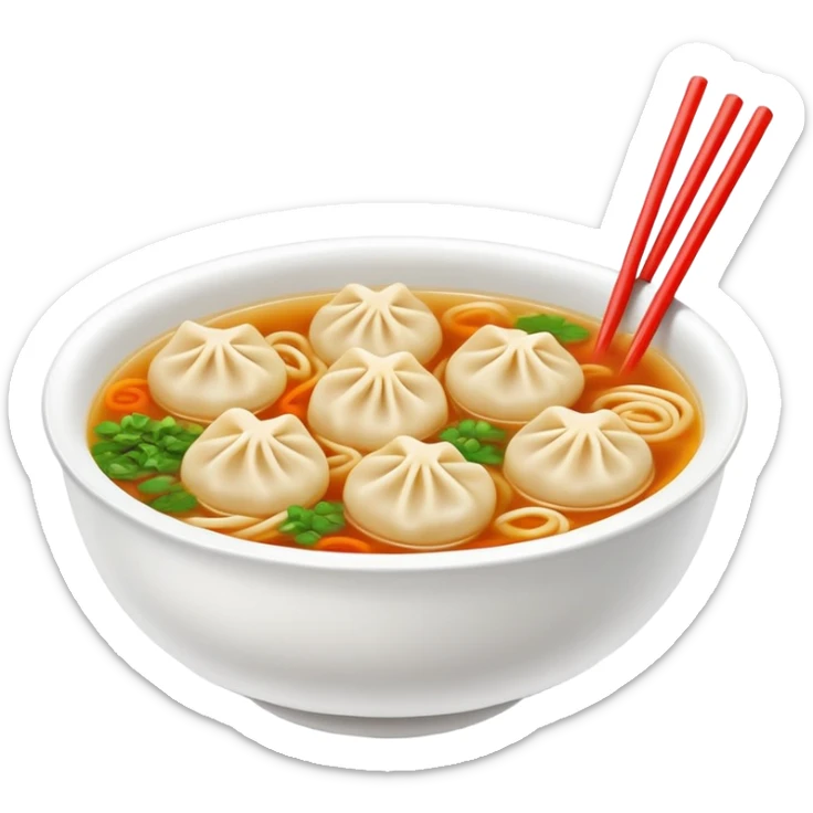 Wenzhou Huntun Wonton Noodle Soup with small dumplings, simplified emoji style with bold outlines and bright colors, cartoon style Zhejiang specialty with clear broth sticker