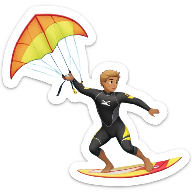 A kite surfer soaring above the waves, holding onto a kite with the wind in full force. The background showcases the ocean and sky, emphasizing the freedom, thrill, and energy of the sport. The motion of the kite and board is dynamic, capturing the excitement of kiting. sticker